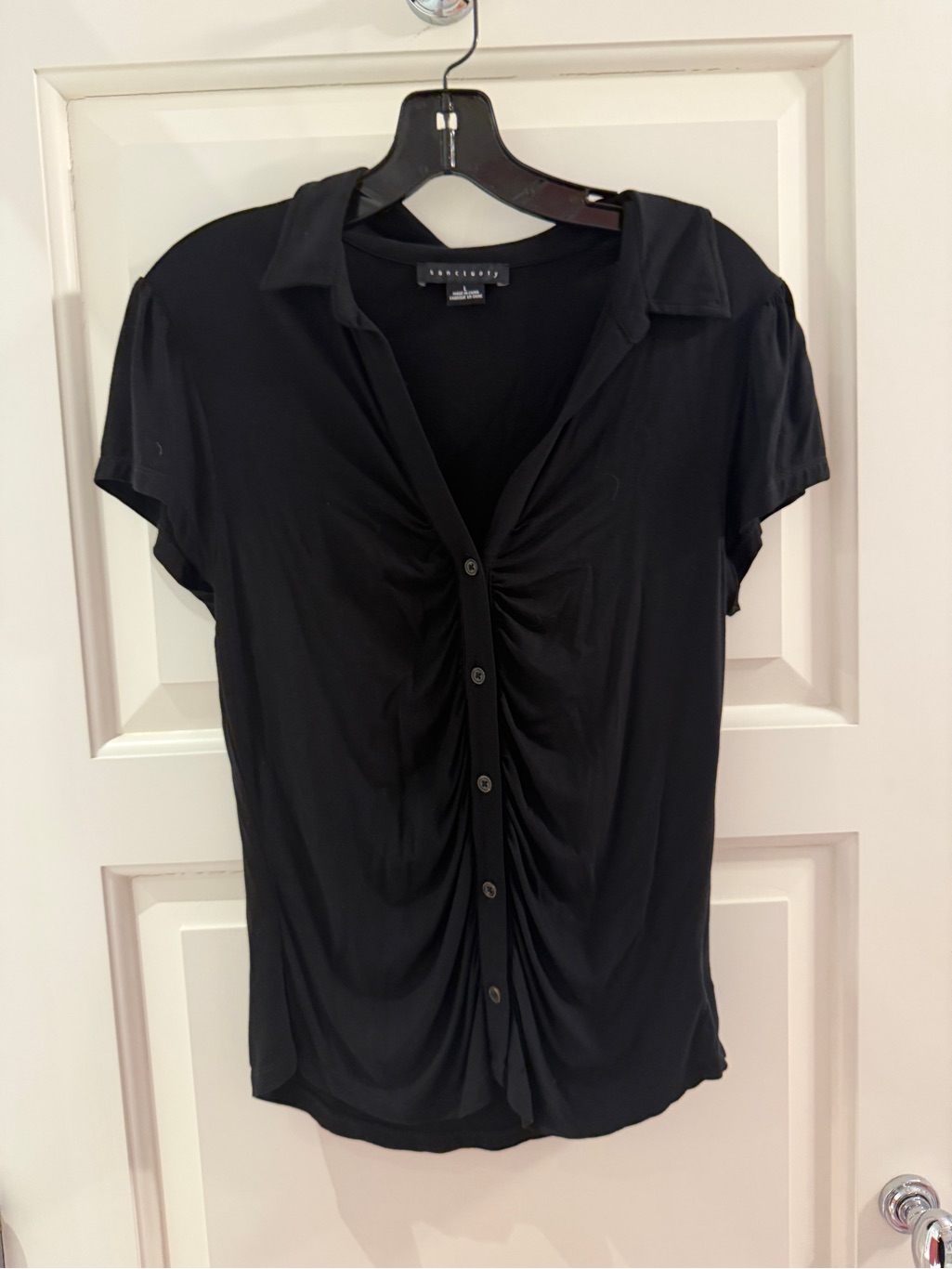 Sanctuary Black Button-Front Ruched Short Sleeve Top